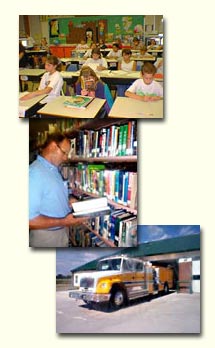 collage of pictures of a classroom, library, and fire truck