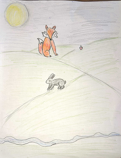 Colored-pencil drawing of rabbit and fox on hills