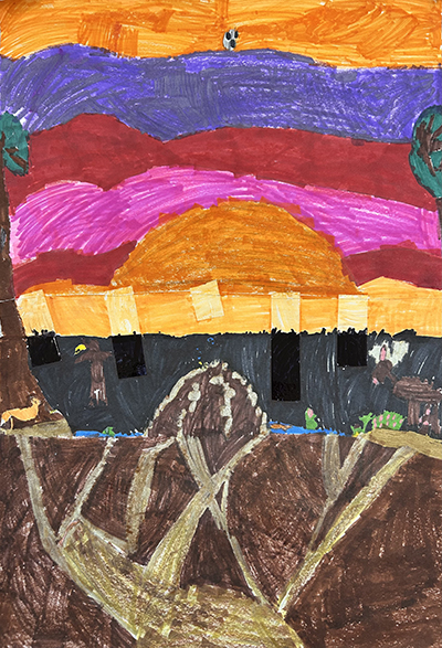 Marker drawing of a sunset and animals underground