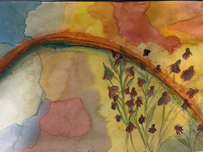 Watercolor of a rainbow and coneflowers