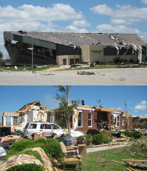 ef-3 tornado damage to demolished tracktor-trailer and brick house