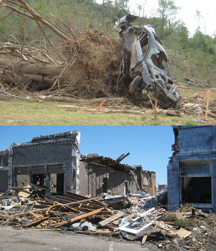 ef-4 tornado damage to demolished car and building