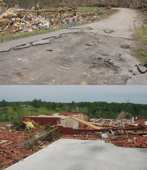 ef-5 tornado damage to road and leveled building