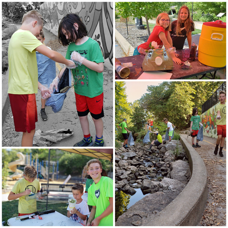 four images of children doing waterway cleanup and other stormwater activities