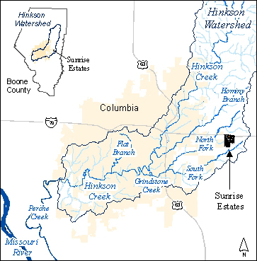 Map of Sunrise Estates location in Hinkson Creek Watershed