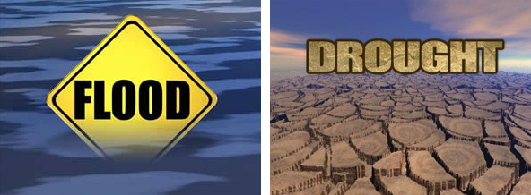 image of a flood sign in water next to an image of cracked ground after drought