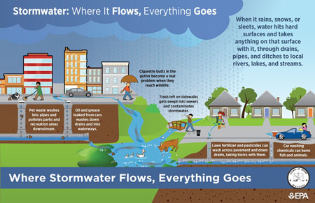 illustration of stormwater flowing through drains, pipes, and ditches into streams, lakes, or other bodies of water